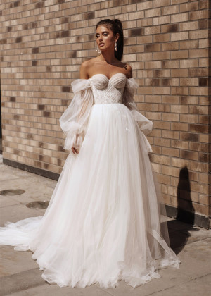 Off Shoulder Ivory Lace Tulle Dreamy Wedding Dress
